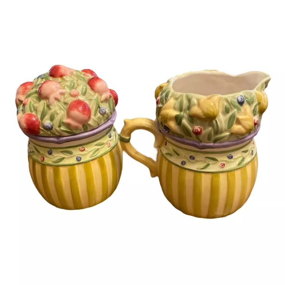 CREAMER & SUGAR SET STUDIO NOVA PROVENCE GARDEN #KT 436 YELLOW STRIPE GUC